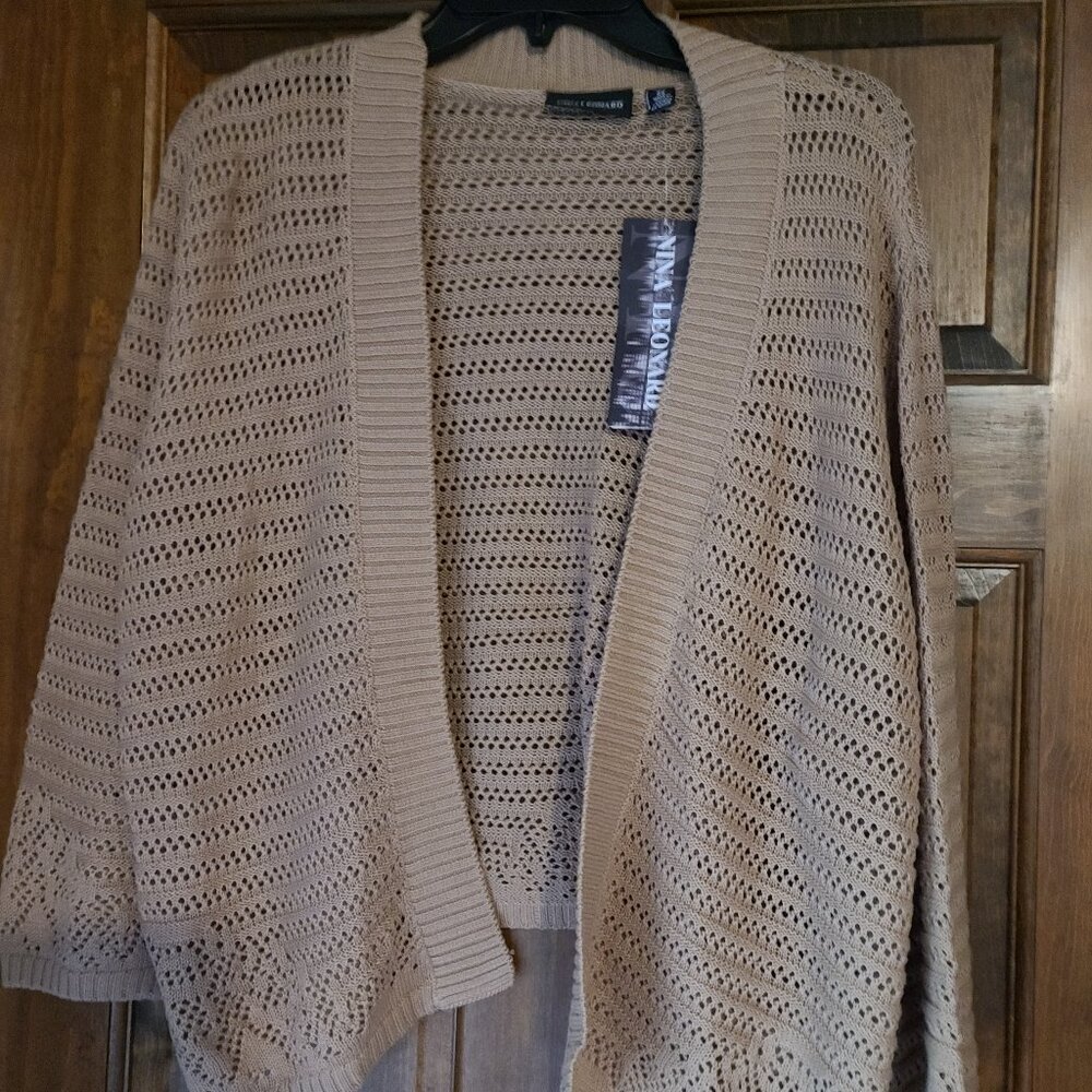 NINA LEONARD 2X TAN CROPPED OPEN FRONT CARDIGAN SHRUG BOLERO-3/4 SLEEVES-NWT